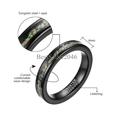 Anillo de boda con incrustación de ópalo de tungsteno negro de 4/8 mm para hombres y mujeres banda de compromiso talla 6-12 Foto 1 de 4