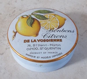 Caja de lata de caramelo de limón vintage DE LA VOSGIENNE antigua Francia contenedor blanco antiguo - Imagen 1 de 4