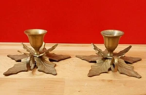 Set of Vintage Solid Brass Poinsettia Leaf Shaped Low Rise Candlestick Holders - Picture 1 of 13