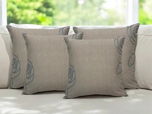 X4 FILLED CUSHIONS Beige Floral Duck Egg Rose Linen 18x18"/45x45cm - Picture 1 of 13