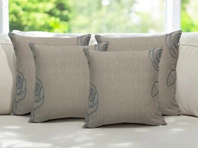X4 FILLED CUSHIONS Beige Floral Duck Egg Rose Linen 18x18"/45x45cm - Image 1 of 4