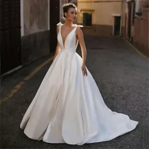 Wedding Dresses Backless Train Ball Gown Plunging Bridal Gowns Straps Bowknot - Picture 1 of 11