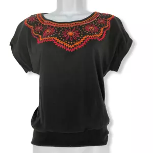 August Silk Women Cotton Blend Short Sleeve Embellished Blouse Size S - Picture 1 of 5