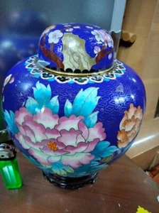 Potiche cloisonnè sfondo blu decoro fiori mandorlo farfalla arte orientale - Foto 1 di 4