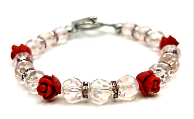 7.5" Toggle Clasp Rose Bracelet: Cinnabar Roses, Glass Beads, Valentine's Day - Image 1 of 4