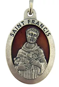 Saint St Francis Pendant 1 1/2 Inch Red Enamel Silver Toned Base Medal - Picture 1 of 2