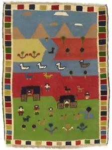 Multicolor Tribal Bild Orientteppich Handgebogen Kelim Stil Carpet 4X5 ft - Bild 1 von 13