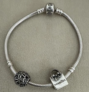 AUTHENTIC PANDORA STERLING SILVER SNAKE CHAIN BRACELET 7.5” WITH 2 CHARMS - Picture 1 of 7