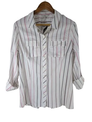 Next White Blouse, Pink Striped Button Up Shirt Roll Tab Sleeve Size UK 16 - Image 1 of 4