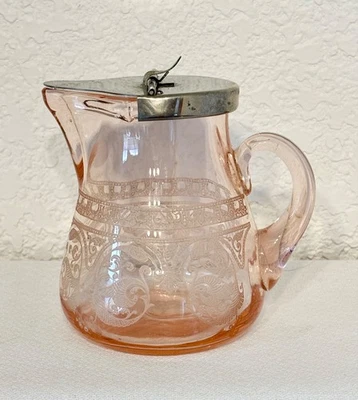 1930’s CAMBRIDGE “Peach Blo” Etche Depression Glass Syrup Pitcher w/Chrome Lid - Image 1 of 4