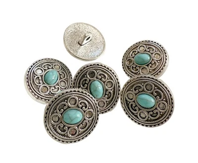 6PC Antiqued Silver Turquoise Shank Metal Button 17x16mm - Image 1 of 4