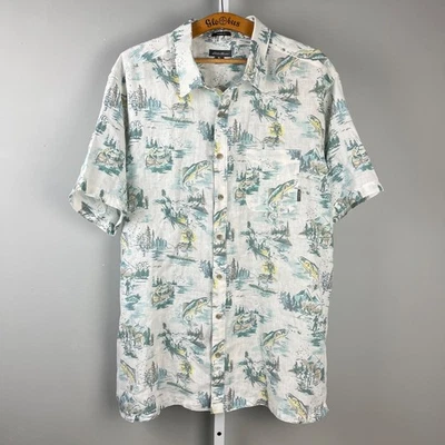 Eddie Bauer Linen Blend Shirt Mens 2XLT Fishing Theme Outdoors Short Sleeve - Image 1 of 4