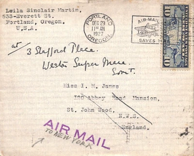 USA GB AIR MAIL NY Cover 1927 Portland Oregon-London *BIF* SLOGAN Arrival XU256 - Image 1 of 4