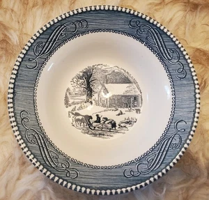 Currier e Ives ciotola cereali inizio inverno scuola slitta cavalli 6 5/8" blu - Foto 1 di 4