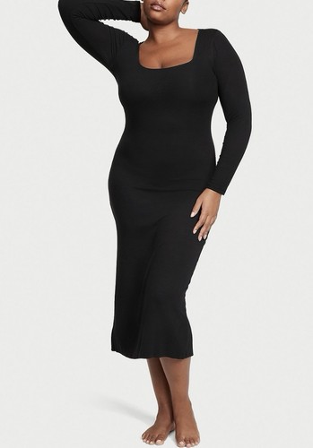 UNDERCOVER Abito nuovo con etichette Victorias Secret modal a costine morbido manica lunga midi slip nero XL