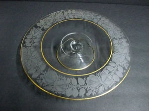 Antiker verzierter Cambridge geätzter Glassockel Kuchenständer gold vergoldet Brautgeschenk - Bild 1 von 12