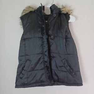 LFL 1982 Hooded Vest Womens Size Large Black Faux Fur Hood Full Zip Button - Picture 1 of 17