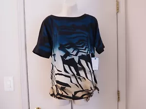 NWT DANA BUCHMAN Black/Teal Poly Abstract Print Round Neck Short Sleeve Top Sz S - Picture 1 of 3