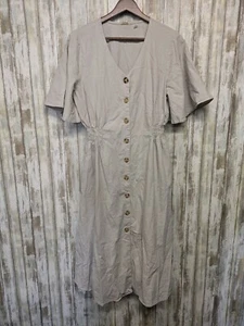 T Tahari Linen Blend Midi Dress Flutter Sleeve Khaki Button Up Shirred Waist 12 - Picture 1 of 15