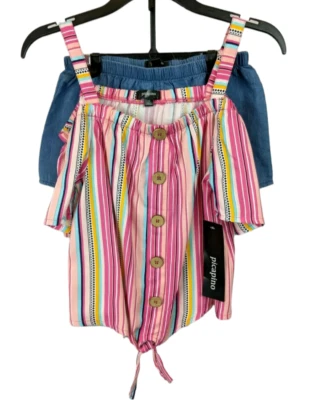 Picapino Girls Chambray Denim Shorts 2-pc Set  Size 10  NWT  Cold Shoulder - Image 1 of 4