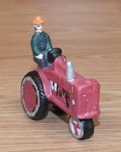 Unbranded Small Red Farmer & Tractor Ceramic Collectible Figurine Only *Read*