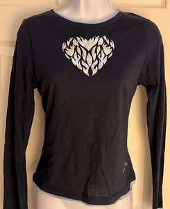 GK ELITE ADULT SMALL LgS FAUX 2-LAYER NAVY COTON HOLOGRAM HEART T-SHIRT Sz S - Picture 1 of 8