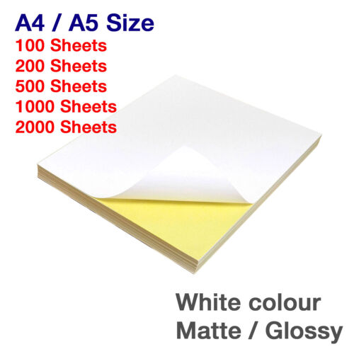 A5 / A4 White MATTE / GLOSS Self Adhesive Sticker Paper Sheet Address Label Bulk