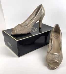 Zapatos formales dorados para mujer punta abierta I. Miller talla 7M 3 1/4" tacón boda graduación - Imagen 1 de 14