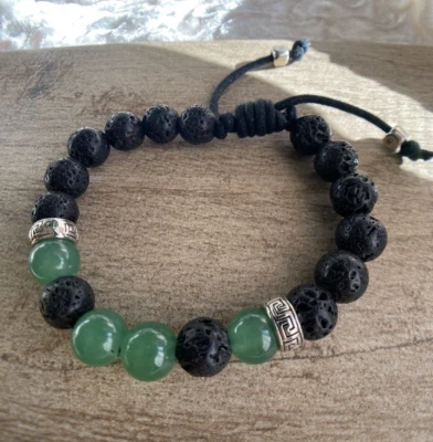 Браслет регулируемый с зеленым авантюрином и натуральной черной яшмой 10 мм бисером - Изображение 1 из 4