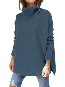 Women's Oversized Turtleneck Batwing Sleeve Spilt Casual Loose Knit Tunic Pul... - Picture 1 of 9
