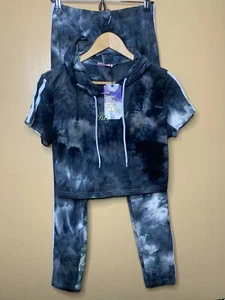 Vizio Women XL 2pcs Set Leggings Crop Top Black Gray Tye Dye Short Sleeve Hood - Picture 1 of 24
