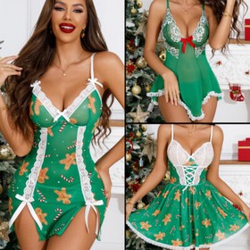 Sexy Christmas Lingerie Women's Dress Lace Deep V-NeckBabydoll Sleepwear