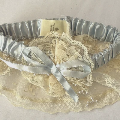 LIGUERO VICTORIAS SECRET VINTAGE AÑOS 80 AZUL SATINADO MARFIL ENCAJE CUENTAS BODA NUPCIAL Foto 1 de 4