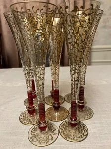 Set of 8 - Pier 1 Champagne Flutes Rioja Ruby Gold Hand Painted Scroll - Picture 1 of 5