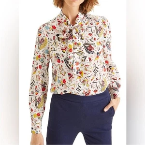 Boden Multicolor Floral Bird Thelma Tie Neck Blouse Bow Whimsical Stars NWT SZ 4 - Picture 1 of 14