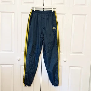 Vintage 90s Adidas Track Pants Large Navy Yellow 3 Stripes Nylon Jogger Swishy - Bild 1 von 8