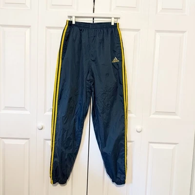 Vintage 90s Adidas Track Pants Large Navy Yellow 3 Stripes Nylon Jogger Swishy - Image 1 of 4