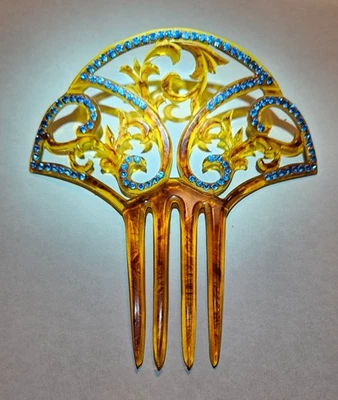 ART DECO 1920s ANTIGA JOIA VINTAGE 5" AZUL STRASS CELULÓIDE PENTE DE CABELO - Imagem 1 de 4