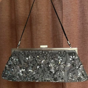 Kate Landry Y2K Beaded Handbag Clutch Purse Silver Sequin Floral Boho Fairy - Picture 1 of 8