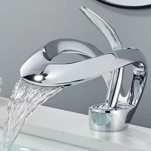 Solid Brass Waterfall Bathroom Sink Faucet – Single Handle Modern Basin Tap - Bild 1 von 7