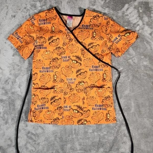 Disney Happy Halloween Orange Cheshire Cat Medical Scrub Top Size XS - Picture 1 of 10