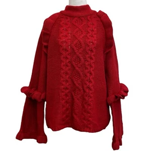 BB Dakota Red Cable Chunky Knit Ruffle Flare Sleeve Sweater sz M Cottage Crochet - Picture 1 of 11