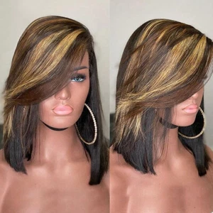 Highlight Brown 13X4 Lace Front Wigs Human Hair Straight Bob Wig with Side Bangs - Picture 1 of 9