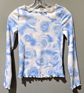 Art Class Size Large 10/12 Blue Rose Print Slim Fit Scalloped Trim LS White Top - Picture 1 of 6