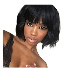 100% Remy Human Hair Wig Short Black Slight Wave Wig with Bangs Lace Front Wigs - Picture 1 of 11