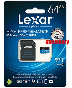 Lexar 64GB 64G 633x 95MB/s Micro SDXC MicroSD Class10 UHS-I + SD Adapter - Picture 1 of 1