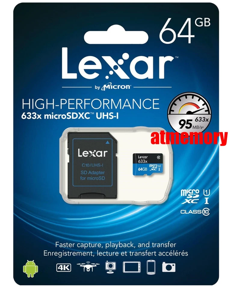 Lexar 64GB 64G 633x 95MB/s Micro SDXC MicroSD Class10 UHS-I + SD Adapter - Image 1 of 1