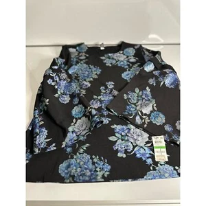 NWT Alfani Black Blue floral blouse ruffle bell sleeve L office casual - Picture 1 of 11