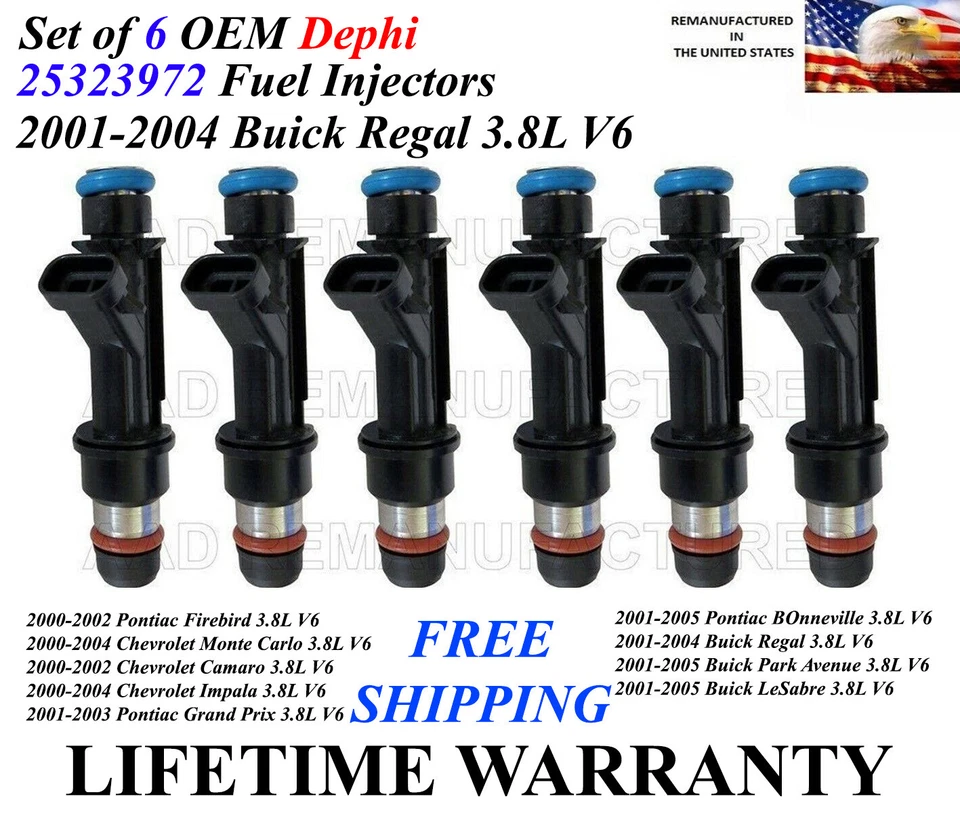 6X OEM Delphi Genuine Fuel Injectors For 2001-2004 Buick Regal 3.8L V6 - Image 1 of 1