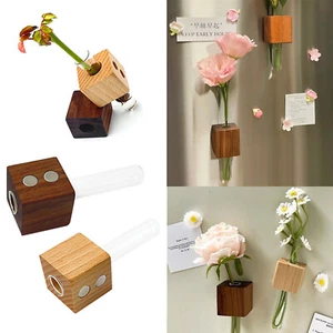 5pz Mini Fiori in Legno Vaso Magnetico Calamite Frigo Vetro Fioriera Frigorifero - Foto 1 di 14